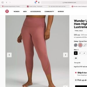 Lululemon dusty rose cropped leggings size 10